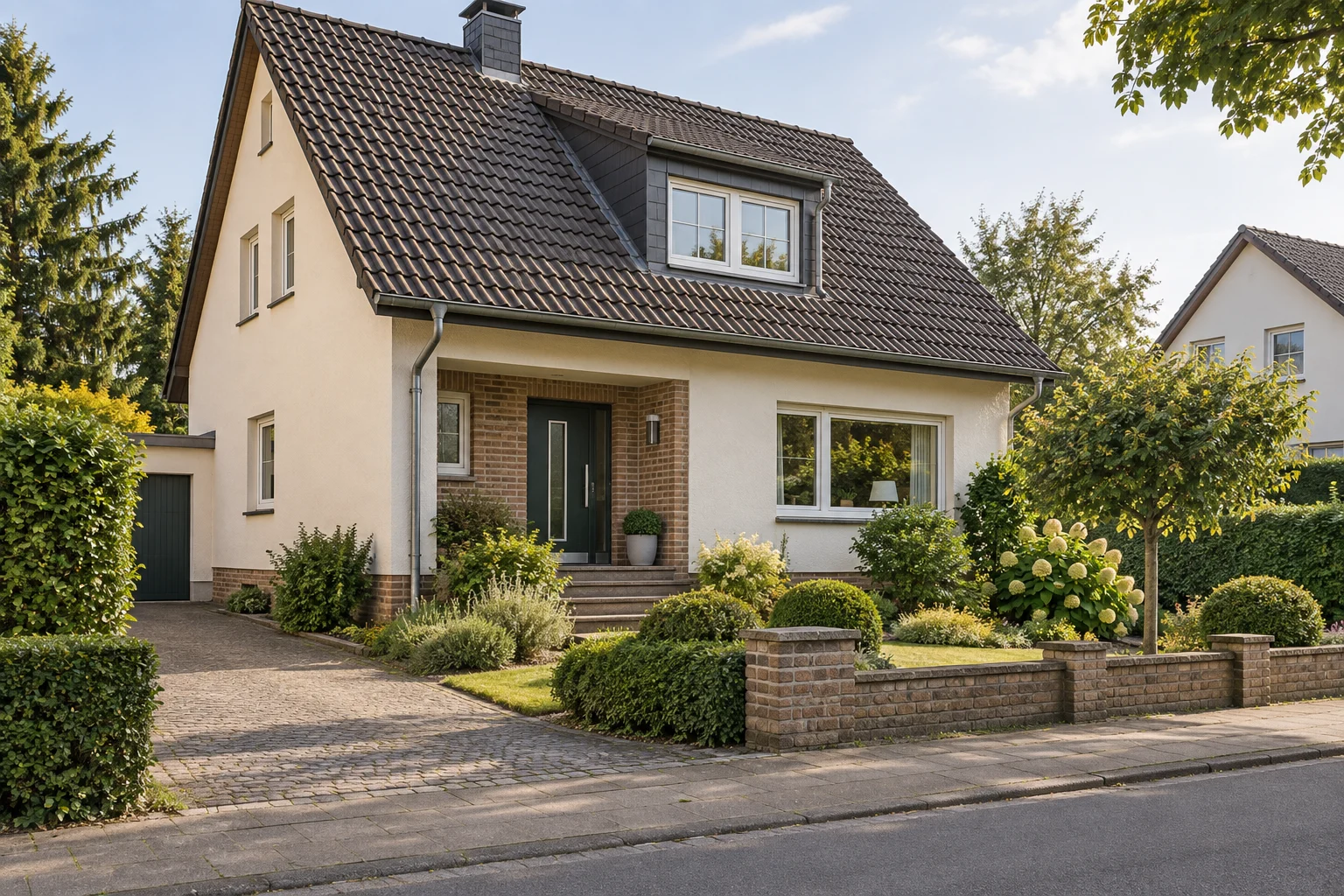 Gepflegtes Einfamilienhaus mit übersichtlichem Eingangsbereich und begrüntem Vorgarten